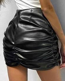 Yoins Black Ruched Zip Design Faux Leather Mini Skirt