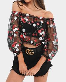 Yoins Black Floral Embroidery Mesh Crop Top