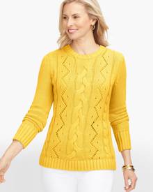 Plus Size - Cableknit Crewneck Sweater - Lemon Tart - 1X Talbots