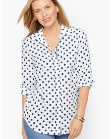 Plus Size - Cotton Button Front Shirt - Polka Dot - White/Ink - 1X Talbots