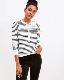 Loft Striped Puff Sleeve Henley Sweater