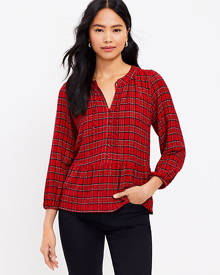 Loft Petite Shimmer Plaid Tie Neck Peplum Blouse