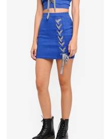 MISSGUIDED Gingham Lace Up Detail Denim Mini Skirt