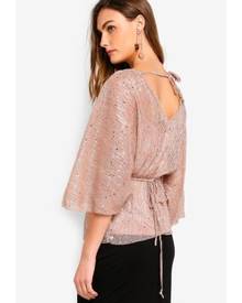 River Island Sequin Belted Plisse Batwing Top