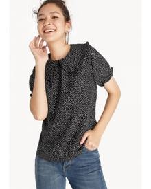 Pomelo Polka Dot Puffed Sleeve Ruffle Shirt - Black