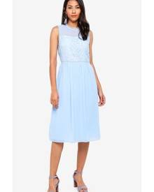 warehouse tie back ruffle midi dress