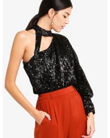 Lavish Alice Black Irridescent Sequin One Sleeve Choker Bodysuit