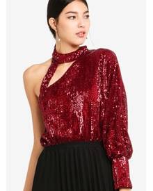 Lavish Alice Burgundy Sequin One Sleeve Choker Bodysuit