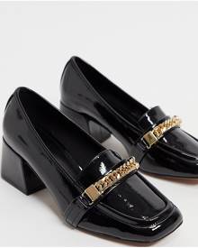 asos design storm chunky mid heeled loafers in black patent