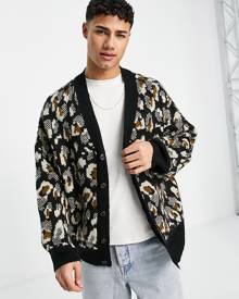 Topman oversized knitted abstract print cardigan-Multi