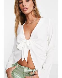 ASOS DESIGN plunge front blouse with long sleeves and tie front in white