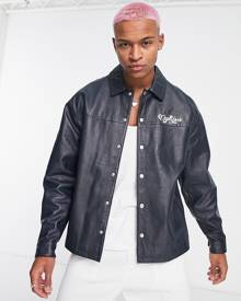 ASOS DESIGN oversized real leather harrington jacket with print in navy