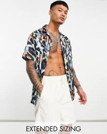 ASOS DESIGN relaxed revere shirt in satin animal print-Blue