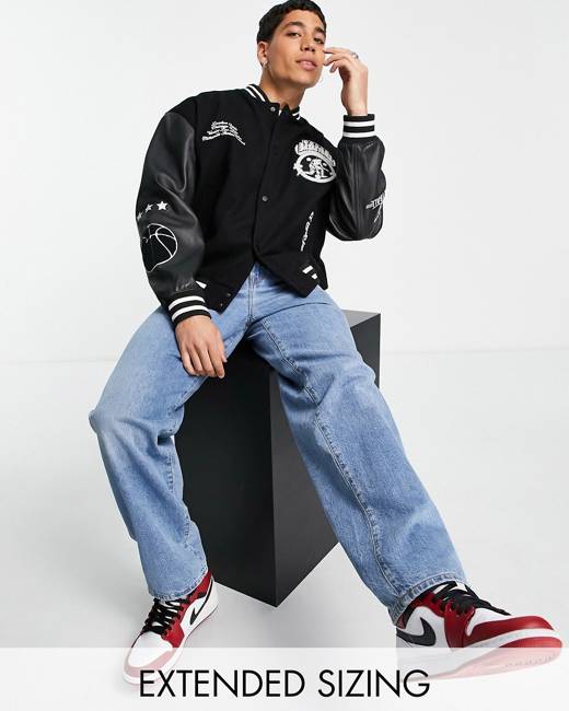 ASOS DESIGN oversized varsity jacket in red with badges