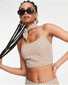 Heartbreak Tall cami crop top with bandana in brown gingham - part of a set-Gray