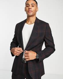 ASOS DESIGN super skinny suit jacket in burgundy and black tartan-Red