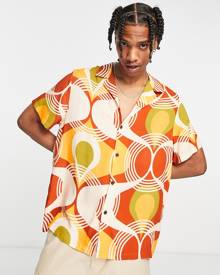 ASOS DESIGN relaxed revere shirt in 70s geo print-Orange
