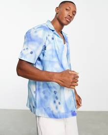 Topman graffiti spray print shirt in blue