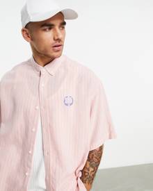 ASOS DESIGN boxy oversized button down collar shirt in vintage style pink stripe with chest embroidery