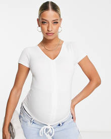 ASOS DESIGN Maternity fitted top with ruched front and tie detail in white
