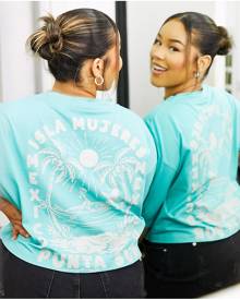 ASOS Curve ASOS DESIGN Curve boxy cut off t-shirt with isla mejas graphic print in green