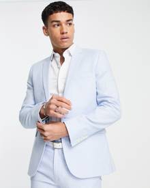 ASOS DESIGN Wedding super skinny suit jacket in linen mix blue puppytooth plaid