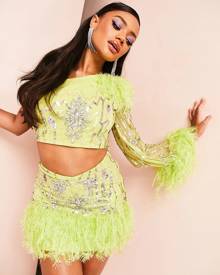 ASOS LUXE one sleeve gem stone embellished top in lime - part of a set-Green