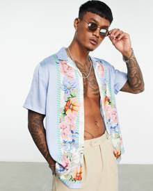 ASOS DESIGN relaxed satin shirt with floral border print-Blue