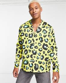 ASOS DESIGN relaxed deep camp collar satin shirt in bright leopard print-Yellow