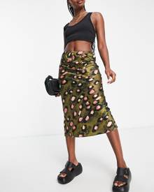 Topshop grunge animal print satin midi skirt pink and khaki