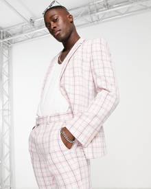 ASOS DESIGN power shoulder suit jacket in pink plaid with adjustable waist