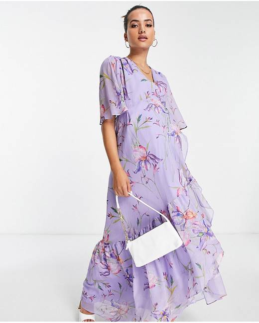 Hope & Ivy Maternity lace insert satin maxi dress in lilac floral