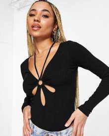 ASOS DESIGN ring detail halter long sleeved bodysuit in black