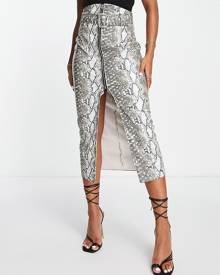 ASOS DESIGN belted midi skirt with zip detail in snake print-Multi