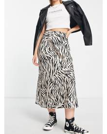 New Look satin midi skirt in zebra print-Black
