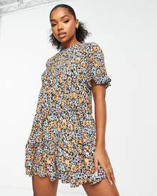ASOS DESIGN bubble crepe short sleeve tiered smock romper in floral print-Multi