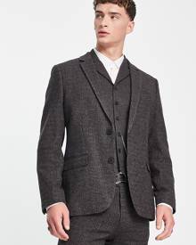 ASOS DESIGN skinny wool mix suit jacket in navy and brown micro plaid