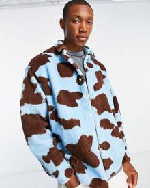 ASOS DESIGN boxy oversized borg shirt in cow print-Blue