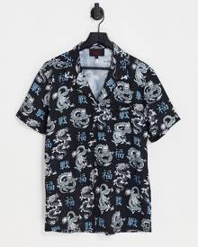 Liquor N Poker revere collared shirt in black with all over dragon and Japanese print