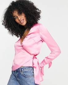 ASOS DESIGN wrap front satin blouse with tie cuff in bubblegum pink