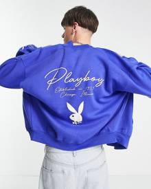 Mennace x Playboy jersey bomber jacket in blue with logo embroidery and back print