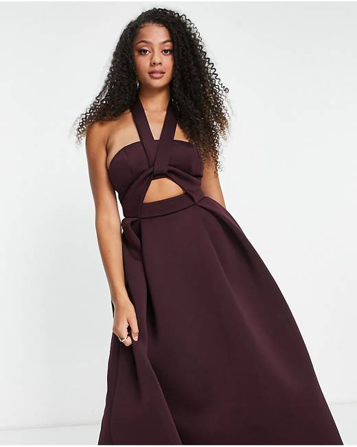 ASOS DESIGN halter satin midi dress with side slit and lace up back in  purple