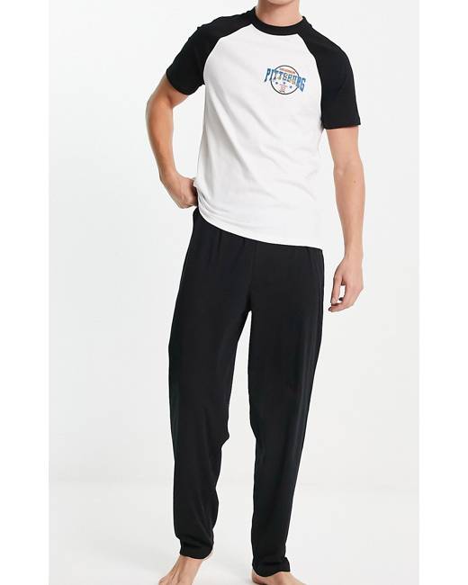 ASOS DESIGN pajama set with t-shirt and pants in black with fleece