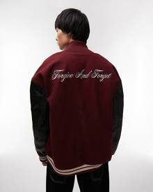 Topman varsity jacket with back embroidery in burgundy-Brown