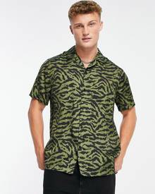 Topman satin deep revere shirt in khaki animal print-Green