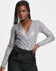 Style Cheat sequin bodysuit in silver