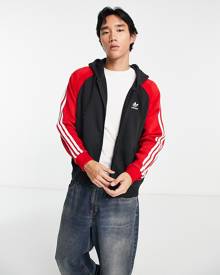 adidas Originals SPRT three stripe color block hoodie in black and red