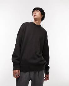 Topman oversized knit crew neck sweater with distressing in washed black