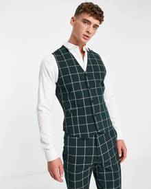 ASOS DESIGN skinny vest in dark teal windowpane plaid-Green