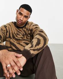 ASOS DESIGN knitted oversized sweater in neutral animal print-Brown
